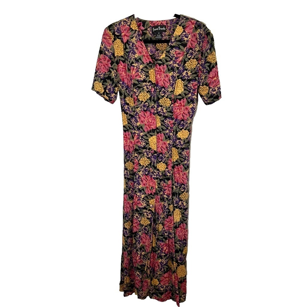 Colorful Floral Maxi Dress L Secretary Geek Mod Retro Cottage‎ Chic 80s Earthy